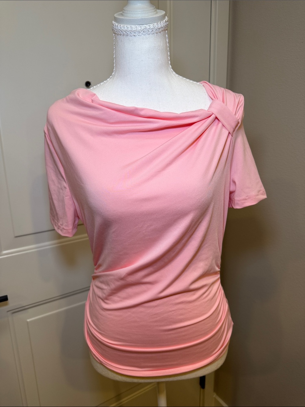 SHEIN Soft Pink Short Sleeve Knot Shoulder Tee